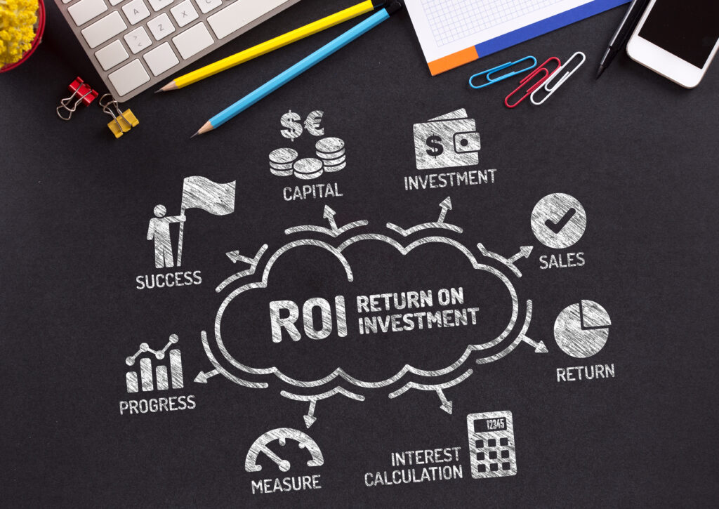 ROI Return on Investment Chart with keywords and icons on blackboard