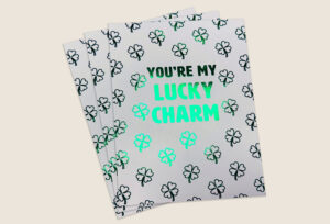 Lucky Charm green foil postcards