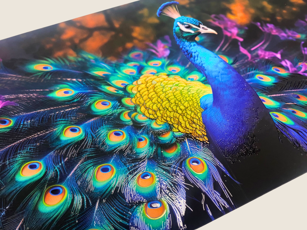 peacock trifold with spot uv and soft touch