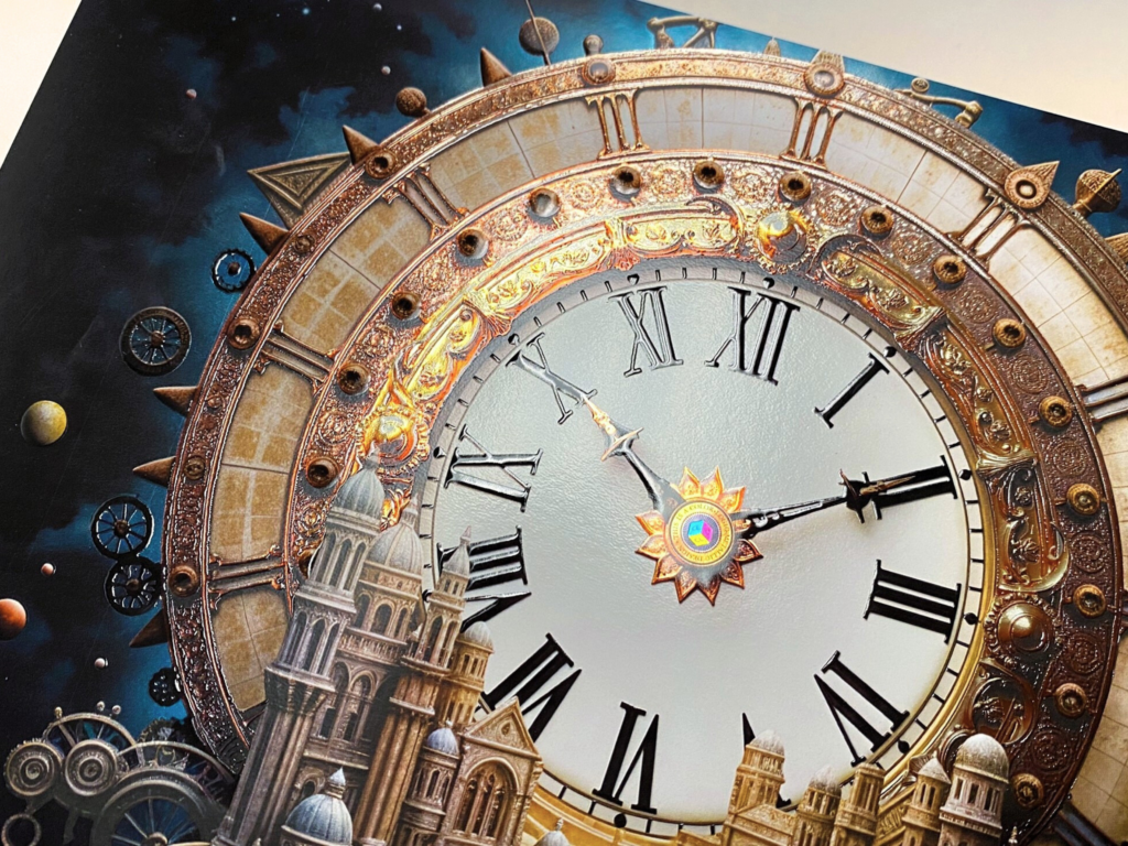 clock image with spot uv over metallic